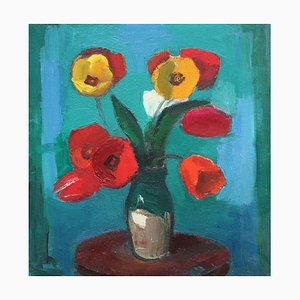 Aleksandr Rodin, Tulips on a Turquoise Background, Oil on Cardboard