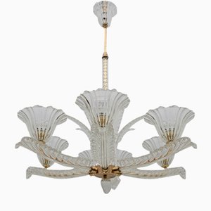 Italian Art Deco Murano Glass and Brass Chandelier attributed to Ercole Barovier, 1930s