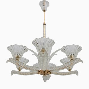 Italienischer Art Deco Kronleuchter aus Muranoglas & Messing, Ercole Barovier zugeschrieben, 1930er