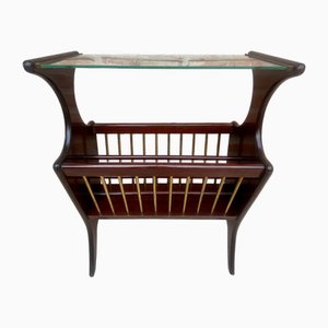 Vintage French Glass and Wood Folio Stand Magazine Rack, 1950s