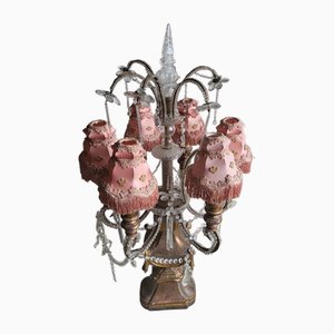 Antike französische Tischlampe aus Holz & Kristallglas mit sechs Leuchten