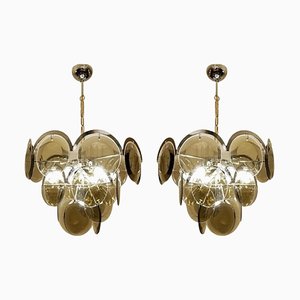 Mid-Century Modern Smoked Glass Disc Chrome Chandeliers from Vistosi, Set of 2