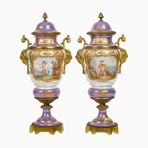 19th Century Iridescent Sèvres Porcelain and Gilt Bronze Covered Vases, Set of 2