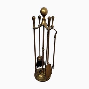 Vintage Italian Four-Piece Brass Fireplace Tool Set with Stand, 1980s, Set of 4