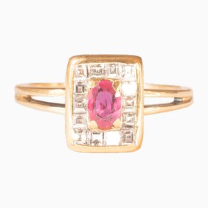 Vintage 18k Yellow Gold Ring with Ruby ​​and Carré Cut Diamonds, 1980s