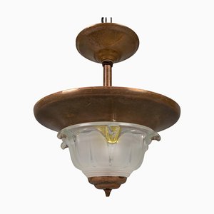 Art Deco French Copper and Frosted Glass Pendant Light, 1930s