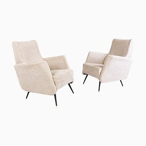 Set de Fauteuils Modernes en Tissu Bouclé Gris Clair et Métal Noir, Italie, 1960s