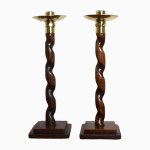 English Oak Barley Twist Candlesticks with Hammered Brass Cups, Set of 2