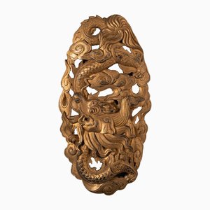 Panneau En Bois Sculpté Doré à Décor de Dragon, Chine, Indochine, 19ème Siècle