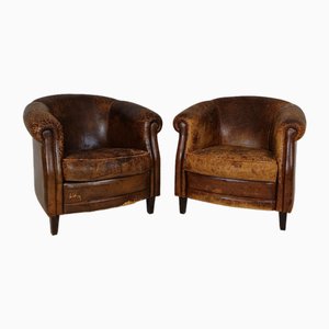 Patinated Sheep Leather Chairs, Set of 2