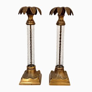Tall Mid-Century Brass Palm Tree Candleholders with Cut Glass Stems, Set of 2