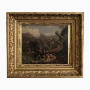 Giuseppe Bisi, Huile sur Bois, Paysage romantique avec scène de bataille, Encadré