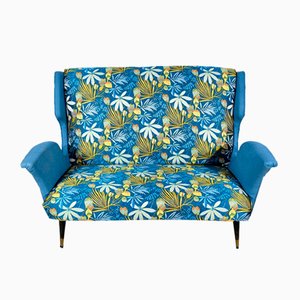2-Seater Sofa in Azure Blue Fabric, 1940s