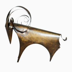 Large Handmade Ram Sculpture in Brass, 1970s