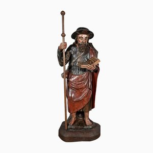 Saint James, 18ème Siècle, Grande Sculpture en Chêne Polychrome