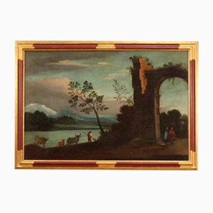 Artiste Italien, Paysage avec Ruines, 18ème Siècle, Huile sur Toile, Encadrée