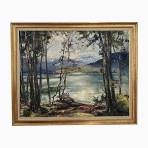 Laure Stella Bruni, Lac et Montagnes, Oil on Canvas, Framed
