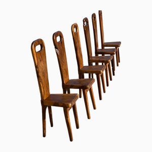 French Sculptural Solid Olive Wood High-Back Chairs, 1960s, set of 6