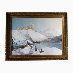 Paesaggio di montagna sotto la neve, anni '50, dipinto a olio