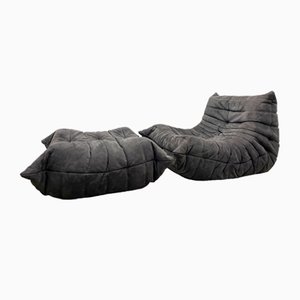 Vintage Grey Togo One-Seater Sofa with Footstool from Ligne Roset, 2010s, Set of 2