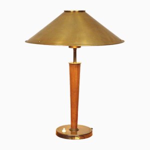 Large Swedish Brass and Oak Table Lamp by Boréns, 1940s