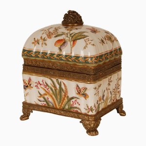 Scatola vintage in bronzo con farfalle dipinte a mano e decorazioni floreali, anni '80