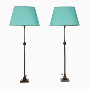 Mid-Century Table Lamps in Wrought Iron with Turquoise Shades by Jacques Adnet, 1970s, Set of 2