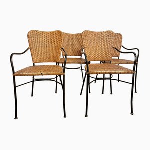 Chaises de Salle à Manger Mid-Century Jaque Adnet en Osier et Fer Forgé, 1950, Set de 4