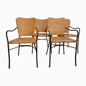 Mid-Century Jaque Adnet Style Wicker and Wraught Iron Dinning Chairs, 1950, Set of 4