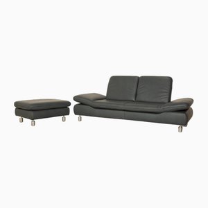 Rivoli 2-Seater Sofa and Ottoman in Blue Gray Leather from Koinor, Set of 2