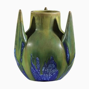 Vase Forme Libre en Céramique Vernie Bleue et Verte par Gilbert Méténier, 1920s