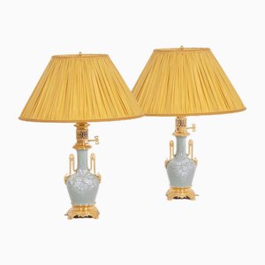 Lámparas de mesa Celadon de porcelana y bronce dorado, década de 1880. Juego de 2