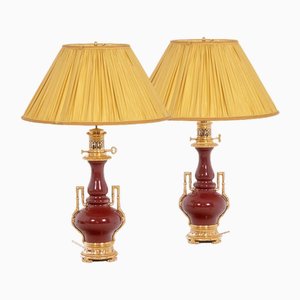 Lámparas de mesa Sang-De-Boeuf de porcelana y bronce dorado, década de 1880. Juego de 2