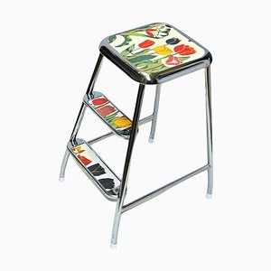 Swedish Step Stool with Flower Decor and Chromed Steel by Awab, 1950s