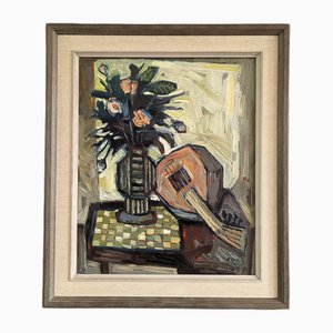 Still Life with Lute, Oil Painting, 1950s, Framed