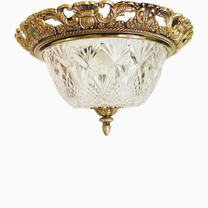 Hollywood Regency Brass Crystal Ceiling Lamp