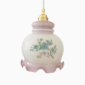 Lampe à Suspension Vintage en Opaline avec Fleurs Violettes