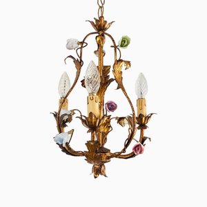 Vintage Italian Chandelier in Gold Gilded Rose Porcelain