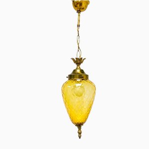 Vintage Art Deco Brass Hanging Lamp in Amber Glass, 1930s