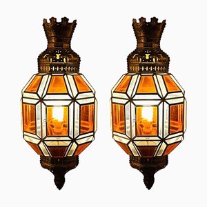 Brass and Amber Crystal Sconces, Set of 2