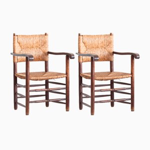 Modernist Beech & Rush Armchairs, France, 1950s, Set of 2