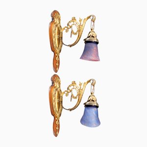 Louis XV Wall Sconces in Walnut Bases and Glass Tulips, 1890s, Set of 2