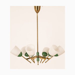 Lampada a sospensione vintage in vetro ottone e metallo verde, Italia, anni '60