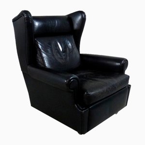 Wingback Chair in Black Leather on Wheels, 1960s