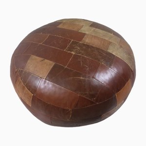 Large Round Patchwork Leather Pouf, 1960s