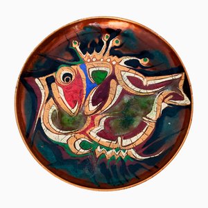 Vintage Copper Vide-Poche with Hand-Painted Fish, 1950s