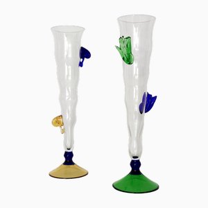 Transparent Murano Glass Flutes with Colored Details, 1980s, Set of 2