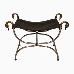 Vintage Curule Stool in Metal, Bronze and Leather from Maison Jansen, 1950