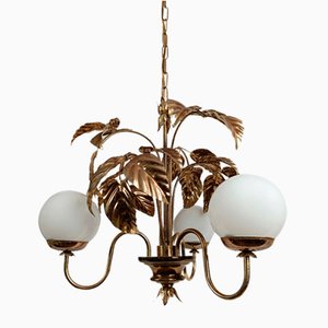 Chandelier with Gilded Leaves and White Opaline, 1970s