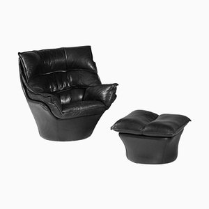 Large Armchair and Footrest in Black Leather by Bernard Massot, 1980s, Set of 2